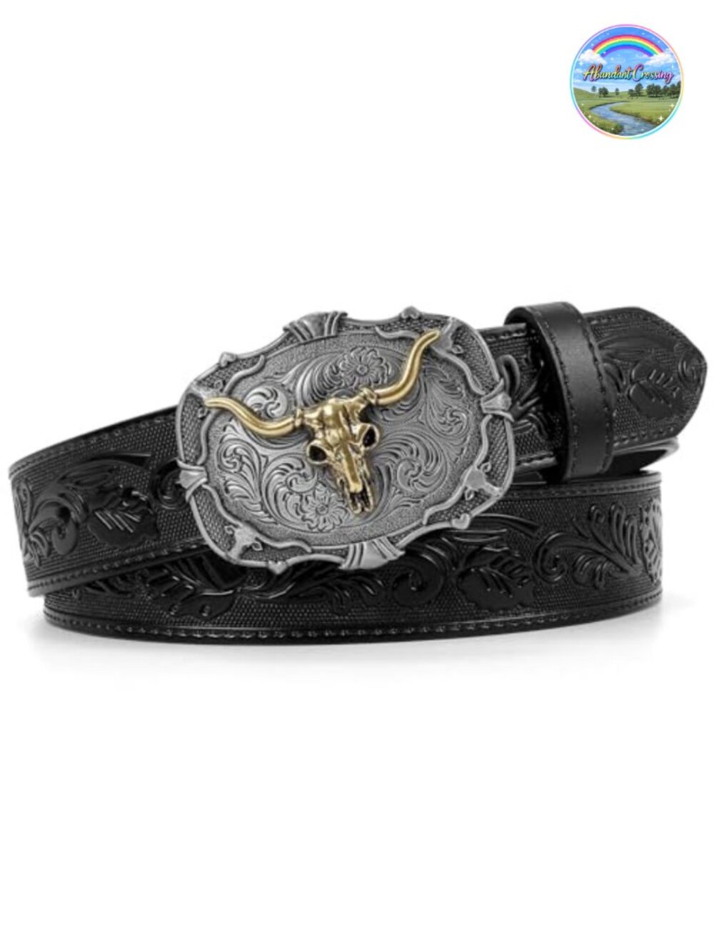 Embossed Leather Western Cowboy Belt with Horse Buckle